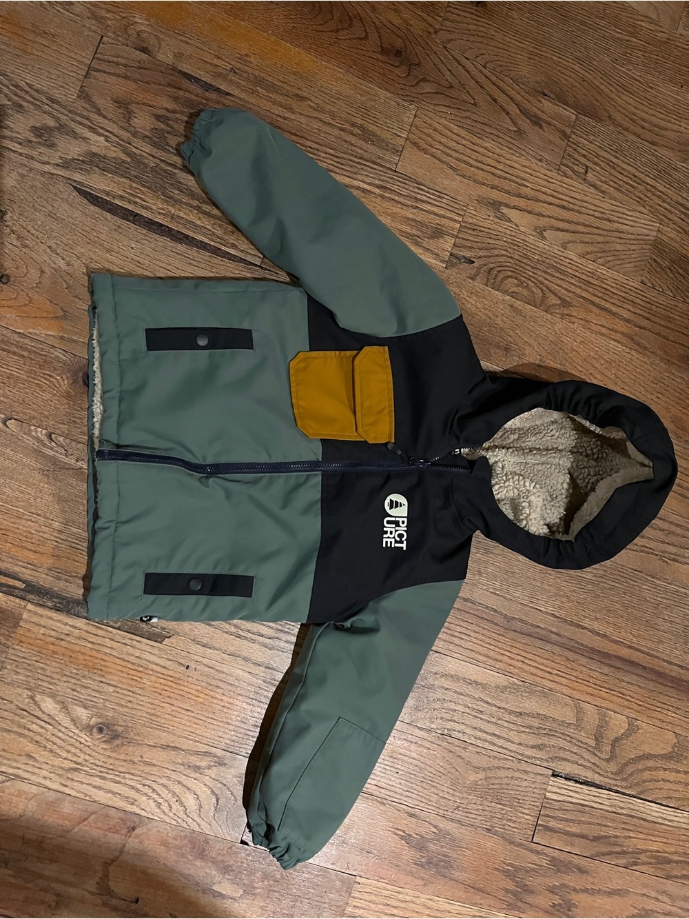 Kids Green and Black Sherpa-Lined Puffer Jacket with Mustard Pocket